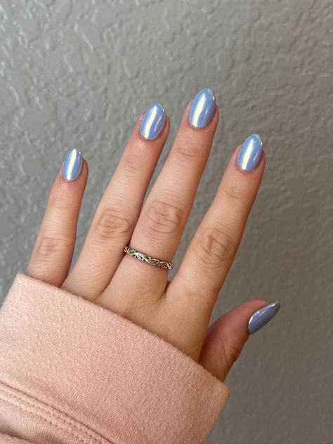 Baby Blue With Chrome Nails, Ocean Chrome Nails, Dusty Blue Chrome Nails, Light Blue Opal Nails, Baby Blue Chrome Nails Almond, Light Blue Chrome Acrylic Nails, Light Blue Shimmer Nails, Blue Chrome Nail Ideas, Holographic Blue Nails