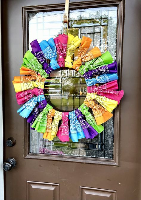 How To – Create A Bandana Wreath in less than 30 minutes Diy Bandana Wreath, Bandana Wreath Diy How To Make, Rainbow Wreath Diy, November Decorations, Bandana Wreath, Bandana Crafts, Rainbow Wreath, Wire Wreath, Fabric Scissors