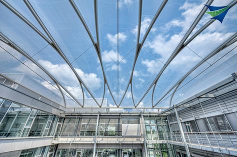 ETFE foil roof systems replace glass and cost much less. Tensile Structure Systems Etfe Roof, Dome Skylight, Structures Architecture, Architectural Facade, Types Of Roofing Materials, Glass Canopy, Tensile Structures, Membrane Roof, Parametric Architecture