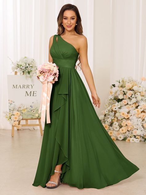 Lavetir sells a large selection of 2024 new bridesmaid dresses and wedding party dresses online. Here is the dress detail: Fabric: Chiffon; Silhouette: A-Line/Princess; Neckline: One Shoulder; Hemline/Train: Floor Length; Embellishment: Split Side;Ruched;Ruffles; Sleeve: Sleeveless; Waist: Empire; Back Style: Zipper; Built-In Bra: Yes; Season: Spring; Summer; Fall; Winter; Shown in Olive Green color. Teal Bridesmaid Dresses Long, Aqua Bridesmaid Dresses, Dresses With Split, Teal Bridesmaid Dresses, Summer Bridesmaid Dresses, Aqua Blue Color, Peacock Color, Party Dresses Online, Blue Bridesmaid Dresses