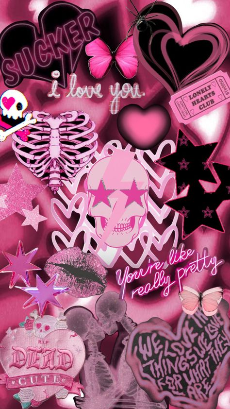 #pink #black #punk #wallpaper #vibes #pinkandblack #butterflies #hearts #skeleton #lips Pink Punk Aesthetic, Pink Kisses Wallpaper, Pink Grunge Aesthetic, Pink Wallpaper Desktop, Y2k Wallpaper Iphone, Pink And Black Wallpaper, Punk Wallpaper, Wallpaper Vibes, Cute Images For Wallpaper