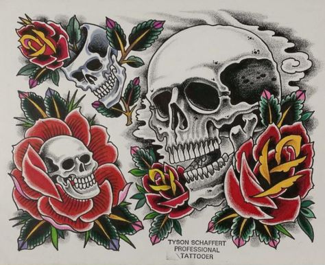 Skull Tattoo Meaning, Roses Meaning, Skull And Rose Tattoo, Tattoos Roses, Flower Tattoo Sleeve Men, American Traditional Rose, Traditional Skull, Rose And Skull, Sunflower Tattoo Sleeve