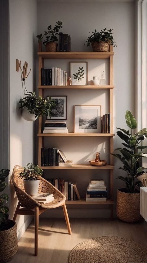 The dream home library with a cozy aesthetic and a reading nook to enjoy the books. The interior design style is a collectic, nordic and scandinavian. The open shelving is neatly arranged with an extensive collection of books and various plants, creating a cozy aesthetic. The room is bathed in natural light, highlighting the textures and colors of the home decor. Big Shelf Ideas, Bookshelf In Living Room Ideas, Scandinavian Apartment Interior, Earthy Bookshelf Decor, Bookshelf Aesthetic Decor, Organic Modern Library, Cozy Earthy Office, Scandinavian Reading Nook, Library Home Aesthetic