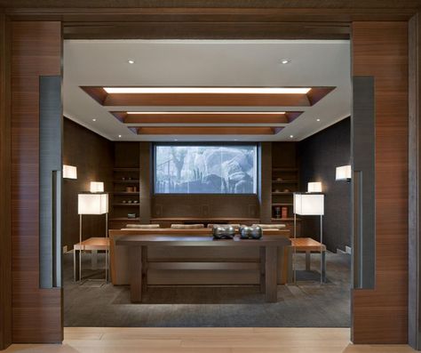 Spectacular modern home embraces the desert landscape Theatre Room Doors Entrance, Home Theater Door, Modern Desert Home, Modern Media Room, Media Room Design, Basement Renovation, Modern Desert, Hardwood Doors, At Home Movie Theater