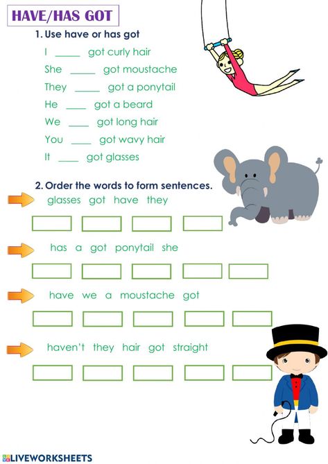 Have got - Has got interactive and downloadable worksheet. You can do the exercises online or download the worksheet as pdf. English Liveworksheet, English Grammar Exercises, English Grammar For Kids, Grammar For Kids, English Worksheet, English Exercises, English Grammar Worksheets, English Worksheets For Kids, English Lessons For Kids