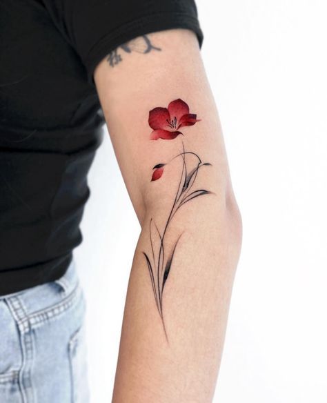 Floral Back Tattoo, Bluebell Tattoo, Ink Tattoo Design, Red Tattoo Ideas, Tattoos 2024, Red Ink Tattoo, Magnolia Tattoo, Red Tattoo, Special Tattoos