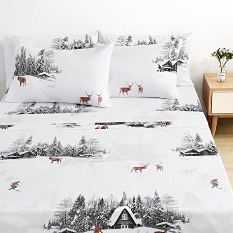 Winter Bed Sheets, Winter Themed Bedroom, Cottage Pattern, Lodge Aesthetic, Winter Bed, Christmas Sheets, Pattern Bedding, Microfiber Bed Sheets, Luxury Bed Sheets