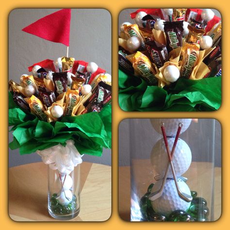 Golf theme candy bouquet Golf Ball Bouquet Gift Ideas, Homemade Golf Gifts, Golf Bouquets, Senior Night Gift Ideas Golf, Golf Themed Gift Baskets, Senior Golf Gifts, Golf Themed Gifts, Golf Senior Night Gifts, Golf Ball Bouquet