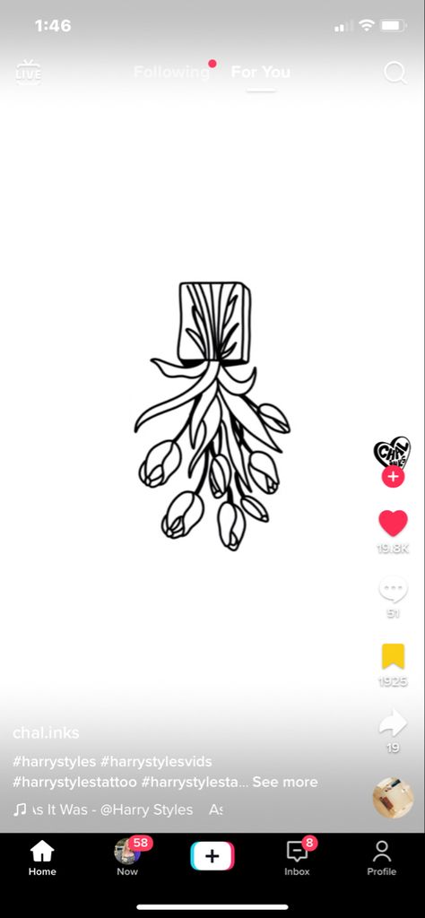 Harry Styles Upside Down Flowers, Harrys House Flowers Tattoo, Harry Styles Flower Tattoo, Harry Styles Tulips, Harry Styles Minimalist Tattoo, Hs Tattoo, Harry Tattoos, Themed Tattoos, Tulip Tattoo