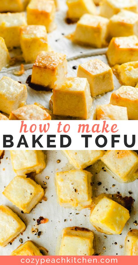 Oven baked tofu is crispy, easy to make, and a healthy protein choice for any vegan dinner. #veganrecipes #tofurecipes #bakedtofu Best Baked Tofu, Baked Halloumi, Tofu Seasoning, Crispy Baked Tofu, Easy Tofu, Peach Kitchen, Tempeh Recipes, Vegetarian Meal Prep, Easy Vegetarian Lunch