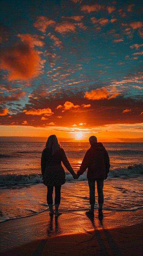 "Romantic Sunset Stroll: A #couple holds hands, silhouetted against a vibrant #sunset sky, with #waves gently kissing the #shore. #romance #silhouette #aiart #aiphoto #stockcake ⬇️ Download and 📝 Prompt 👉 https://stockcake.com/i/romantic-sunset-stroll_714832_1091071" Couples On Beach, Romance Silhouette, Romantic Pics, Sunrise Pictures, Couple Silhouette, Romantic Sunset, Morning Sunrise, Sunrise Beach, Cute Couples Photos