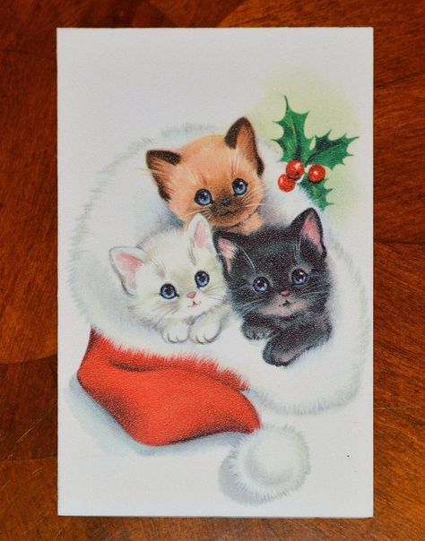 Christmas Kitties, Cat Christmas Cards, Meowy Christmas, Christmas Greeting Card, Cats Kittens, Cat Cards, Christmas Cat, Christmas Scenes, Vintage Christmas Cards