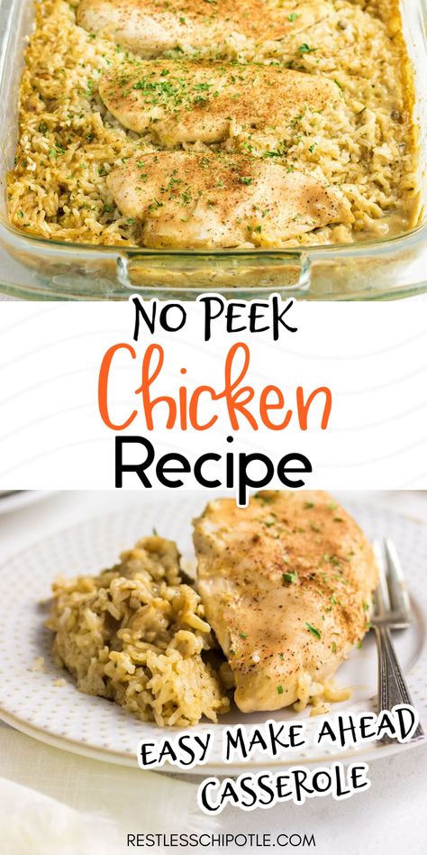 Casserole dish with chicken and rice with Pinterest overaly. No Peel Chicken Casserole, Chicken Thigh Recipes Baked One Pan, Peak Chicken And Rice, Chicken No Peek Recipe, Chicken And Rice Casserole Recipes No Peak, Chicken And Ri E Casserole, Brunch Chicken Recipes, No Peek Meals, No Peel Chicken And Rice