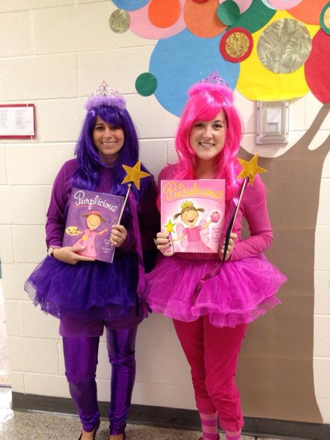 Pinkalicious and Purplicious! :) Teacher Book Character Costumes, Childrens Book Character Costumes, Kids Book Character Costumes, Storybook Character Costumes, Book Characters Dress Up, Book Character Day, Childrens Book Characters, Character Dress Up, Teacher Halloween Costumes