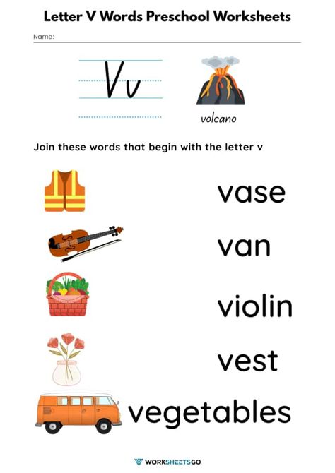 Letter V Words Preschool Worksheet Letter V Worksheets, Phonics Puzzles, Weather Worksheets, V Words, Addition Kindergarten, Sequencing Worksheets, Three Letter Words, Sight Word Worksheets, Letter N Words