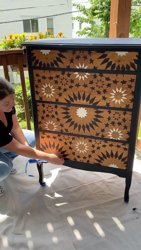 Stencil Dresser, Saturday Inspiration, Bone Inlay Dresser, Moroccan Tile Pattern, Accent Wall Stencil, Moroccan Tiles Pattern, Mandala Stencils, Tile Stencil, Stenciled Floor