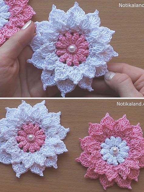 Vest Haken, Anting Manik, Crochet Puff Flower, Crochet Flowers Easy, Crochet Flowers Free Pattern, Pola Amigurumi, Crocheted Flowers, Crochet Flower Tutorial, Crochet Square Patterns