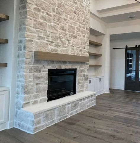 Stone Fireplace Veneers, Tv Stone Fireplace, Stone Fireplace And Hearth, Beach House Fireplace Ideas Modern, Family Room Stone Fireplace, Gas Stone Fireplaces, High Ceiling Fireplace Wall Modern, Centurion Stone Fireplace, Fireplace Grey Stone