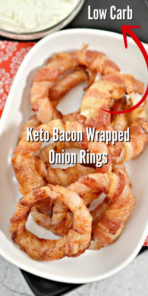 These Keto Bacon Wrapped Onion Rings make a delicious low carb snack or appetizer! Easy to make fry on the stove top or make in the air fryer!  #keto #ketorecipes #Ketosnacks #ketodiet #baconwrapped #baconwrappedonionrings #onionrings #food #recipes Keto Football Appetizers, Cheesy Bacon Onion Rings Keto, Keto Deep Fryer Recipes, Keto Tailgate Food Easy, Air Fryer Low Carb Recipes, Low Carb Finger Foods, Keto Vegetable Recipes, Air Fryer Keto Recipes, Bacon Wrapped Onion Rings