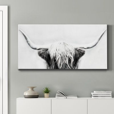 Longhorn - a premium hand-stretched gallery wrapped canvas print created to last. Featuring a beveled solid wood stretcher bar, each piece comes ready to hang and is made to order. Built to last. Solid wood stretcher. Fade and water-resistant. Made domestically. Size: 40" H x 20" W 1.5" D | Union Rustic Longhorn - Wrapped Canvas Print Metal in Black/Brown/Gray, Size 40.0 H x 20.0 W x 1.0 D in | Wayfair | Home Decor Long Horn, Above Bed, House Room, White Image, Wood Print, House Decor, Gray White, Pillow Art, Canvas Fabric