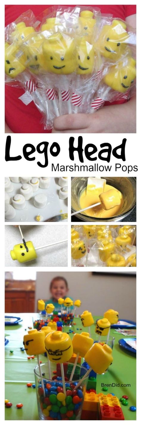 Lego Head Cake, Lego Cake Pops, Marshmallow Pops Recipe, Lego Party Decorations, Lego Ninjago Party, Lego Birthday Cake, Lego Themed Party, Lego Head, Ninjago Birthday