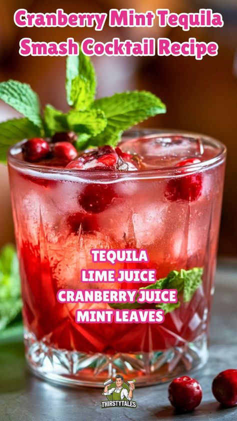 "Discover the refreshing Cranberry Mint Tequila Smash Cocktail Recipe, the perfect blend of tart cranberries and zesty mint for a delightful winter drink. This vibrant cocktail is an ideal choice for those seeking unique winter tequila cocktails, combining the classic flavors of a Tequila Smash with a seasonal twist. Enjoy this Citrus Drink at your next gathering and impress your guests with this easy-to-make recipe." Winter Tequila Cocktails, Tequila Smash, Winter Vodka Cocktails, Easy Winter Cocktails, Tequila Drinks Easy, Drinks Tequila, Cocktail Recipes Tequila, Easy Holiday Cocktails, Citrus Drinks