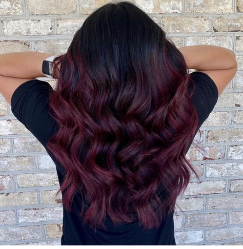 Dark Maroon Balayage, Dark Burgundy Balayage On Black Hair, Dark Cherry Red Balayage Hair, Maroon Balayage Brunettes, Red Violet Hair Color Balayage, Bargandi Hairs, Hair Color Burgundy Highlights, Burgundy Bayalage Hair, Dark Brown And Red Hair Balayage