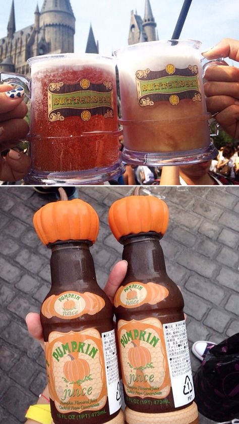 Butter Beer and Pumpkin Juice at The Wizarding World of Harry Potter™ at Universal Studios in Osaka, Japan. Butter Beer Universal Studios, Harry Potter World Food, Universal Studios Japan Food, Universal Studios Orlando Food, Pumpkin Juice Recipe, Universal Studios Food, Universal Trip, Butter Beer, Orlando Trip