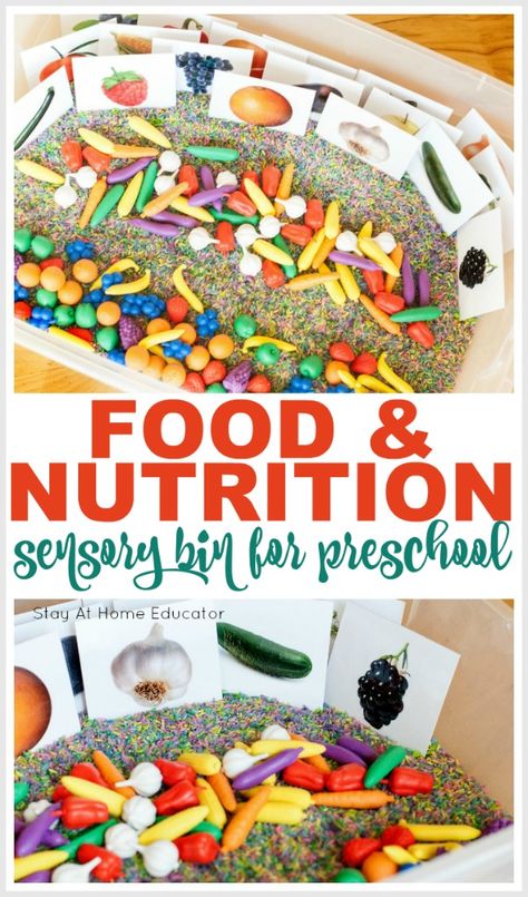 Healthy Food Sensory Bin, Nutrition Sensory Bin, Food And Nutrition Activities, Sensory Bin For Preschoolers, Preschool Healthy Eating, Realistic Play Food, Healthy Food Activities, Nutrition Activities, Fruit And Veggie