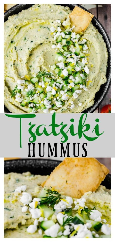 Tzatziki Hummus | This creamy, fresh hummus is a more savory, less tangy, thicker, and heartier version of tzatziki. If you like hummus and you like tzatziki, I can guarantee you will love this Tzatziki Hummus! #tzatziki #hummus #dip #appetizer #easy #quick #recipe #healthy #Greek Roasted Hummus Recipe, Indian Hummus Recipe, Dill Hummus Recipe, Olive Hummus Recipe, Humus Recept, Feta Hummus, Cucumber Dip Recipe, Cucumber Hummus, Arabisk Mad