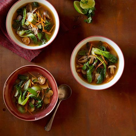 Asian Mushroom Soup | Recipes | WW USA Asian Mushroom Soup, Canned Water, Soup Asian, Toasted Sesame Oil, Weight Watchers Soup, Mushroom Soup Recipes, Sambal Oelek, Ww Freestyle, Water Chestnut