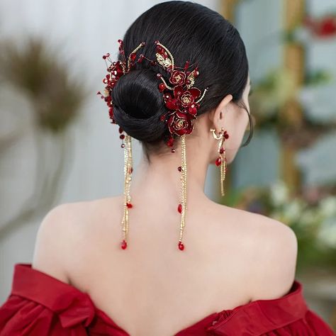 2pcs set red fairy tassel hair clips earrings sets flower Chinese wedding hair accessories - AliExpress Chinese Jewelry Traditional, Chinese Wedding Hair, Asian Hair Accessories, Red Fairy, Hair Earrings, Traditional Hairstyle, Wedding Hair Jewelry, Chinese Hair Accessories, Earrings Sets