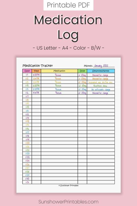 Medication Log Free Printable, Medication Chart Printable, Medicine Tracker, Family Organization Wall, Family Emergency Binder, Monthly Tracker, Medication Log, Medical Binder, Medication List