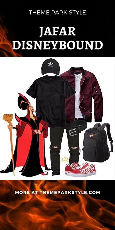 Jafar DisneyBound! I know Jafar is a bad guy, but he still has great taste in style! This Mens Disney Villain DisneyBound is the perfect casual DisneyBound for school or the parks. We know that an Aladdin DisneyBound should be a stylish DisneyBound- that's why this Mens DisneyBound is so budget-friendly and could become a couple DisneyBound! Check out Theme Park Style for where to buy this outfit, find more DisneyBounding inspo, DisneyBound collages, and DisneyBounding outfits! #villainbound Disney Villains Disneybound, Disneyland Outfits Men, Disney Outfits For Men, Jafar Disneybound, Men Disney Outfits, Casual Disneybound, Couple Disneybound, Disneybound Men, Villain Disneybound