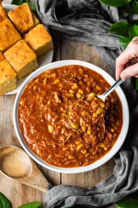 Georgia Brunswick Stew: tasty Southern recipes can bring families together by enjoying homemade cooking at weeknight dinners, and this Brunswick stew recipe is no exception. Pulled pork, chicken, tomatoes, and other veggies simmer together in this country comfort food. | www.savortheflavour.com #brunswickstew #southernfood #comfortfood #recipes #souprecipe Brunswick Stew Recipe Georgia, Broccoli And Stilton Soup, Brunswick Stew Recipe, Cabbage Wedges, Roasted Cabbage Wedges, Chicken Tomatoes, Brunswick Stew, Pork Chicken, Roasted Cabbage