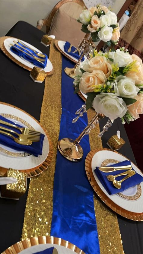 Navy And White Wedding Decorations, Royal Blue Black White And Gold Party, Napkin Centerpiece, Royal Blue And Gold Quinceanera, Royal Blue Centerpieces, Royal Blue Wedding Decorations, Black Party Decorations, Beauty And Beast Wedding, Blue Wedding Decorations