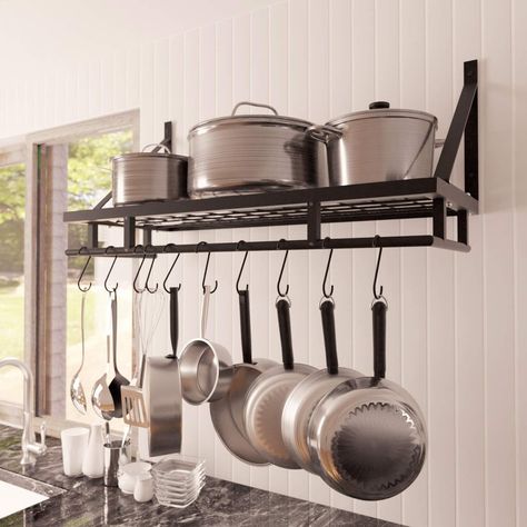 Kitchen Pans Organization, Wall Mounted Kitchen Shelves, Wall Shelf With Hooks, Kitchen Shelves Organization, Kitchen Pans, Hanging Pans, Pan Organization, Pan Rack, Pot Hanger