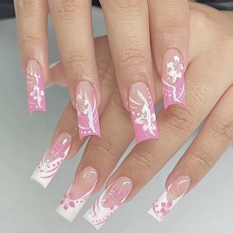 Square Nails Ideas Flowers, Y2k Floral Nails, Med Length Acrylic Nails, Birthday Spring Nails, Nails Ideas Cat Eye, Y2k Flower Nails, Baddie Spring Nails, Pink Spring Nail Ideas, Flower Nails Square