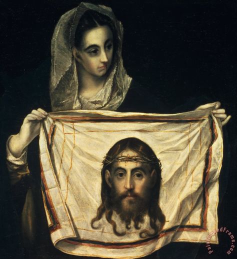 Sixth Station: St Veronica With The Holy Shroud, El Greco (ca. late 16th cent). The legend of Veronica is that having wiped Jesus' face, the cloth retained the image of His face. El Greco Art, Veil Of Veronica, St Veronica, Jesus And Mary, Art Sacre, Stations Of The Cross, Caravaggio, Painting Reproductions, Religious Art