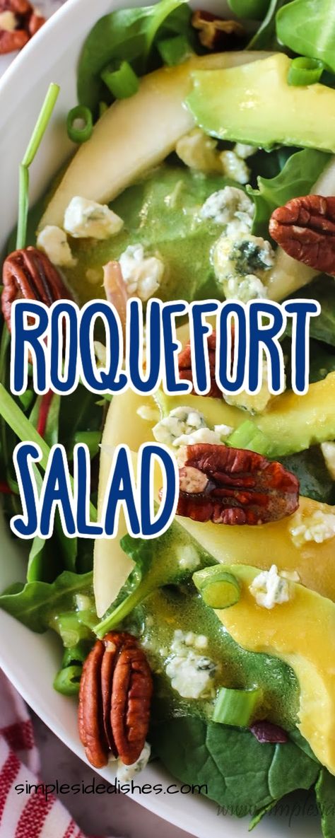 This Roquefort Salad is loaded with pears, avocados, blue cheese, and is a perfect simple salad whether you need to feed a crowd or are just looking for more healthy recipes. #simplesidedishes #healthy #fresh #pearsalad #roquefort #salad #sidedish #summer Pear Roquefort Salad, Roquefort Pear Salad, Pear Blue Cheese Salad, Blue Cheese Salad Recipes, Pear And Blue Cheese Salad, Pear Salad Recipes, Blue Cheese Recipes, Spring Mix Salad, Blue Cheese Salad