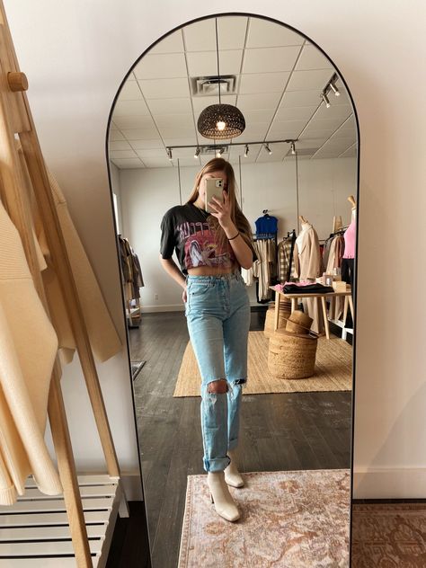 Beige Boots Outfit, Led Zeppelin Tee, Beige Boots, Straight Fit Denim, White Boots, Led Zeppelin, Boots Outfit, Zeppelin, Spring Outfits