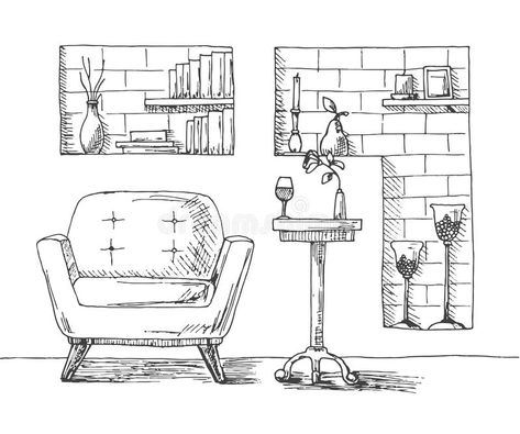 Hand drawn chair, desk, niche in the wall with shelves. On the table is a glass and a vase with a flower. On the shelves of books vector illustration Desk Niche, Niche In The Wall, Wall With Shelves, Interior Design Major, Table Sketch, Architecture Drawing Sketchbooks, Drawing Interior, Chair Desk, Drawing Table