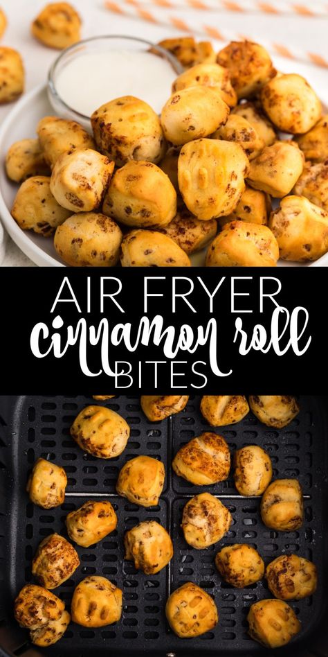 Snacks For Air Fryer, Cinnamon Roll Bites Air Fryer, Air Fryer Cinnamon Rolls Pillsbury Bites, Easy Treats For Work, Air Fried Cinnamon Rolls, Air Fryer Toddler Meals, Airfryer Cinnamon Rolls, Air Fryer Easy Dinner, Air Fry Snacks