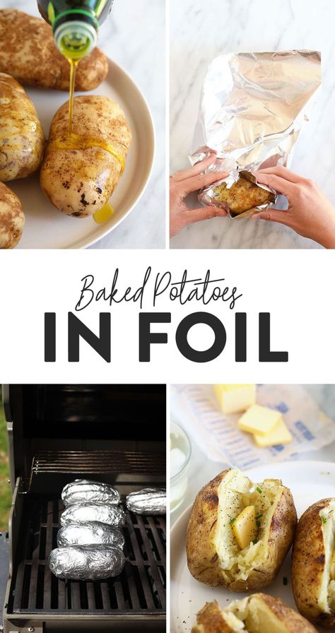 Grilled Baked Potatoes, Oven Baked Potatoes, Cooking Baked Potatoes, Easy Baked Potato, Best Baked Potato, Perfect Baked Potato, Making Baked Potatoes, Potatoes In Oven, Fit Foodie Finds