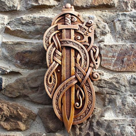 Carved Wood Viking Sword Viking Home, Viking Home Decor, Viking Pictures, Iroko Wood, Viking Decor, Witcher Art, Viking Designs, Norse Runes, Ancient Vikings