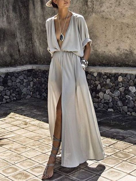 STYLECASTER | Maxi Dress Outfit Ideas | summer maxi dress | casual maxi dress Sukienki Maksi, Plus Size Long Dresses, Plain Maxi Dress, Split Long Dress, 여름 스타일, Dress Sleeve Length, Split Maxi Dress, Half Sleeve Dresses, Split Dress