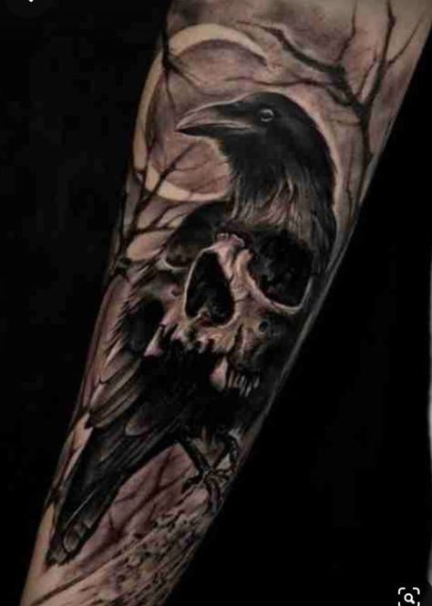 Crows Ravens Tattoos, Dark Sleeve Tattoo Men, Raven Tattoo Ideas For Men, Raven Back Tattoo, Raven Skull Tattoo, Crow Tattoo Design, Black Bird Tattoo, Native American Tattoos, Crow Tattoo