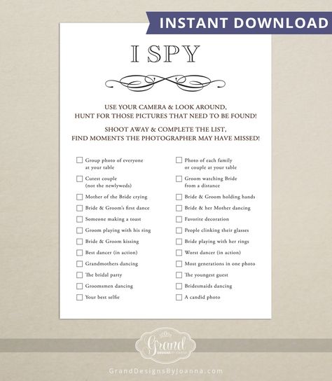 INSTANT DOWNLOAD - Wedding I Spy Game for Guests - iSpy Wedding Game Sign - 5x7 - Wedding Reception Photo Game - Digital, Printable by GrandDesignsbyJoanna on Etsy https://www.etsy.com/listing/230578346/instant-download-wedding-i-spy-game-for Wedding Games Questions, Indian Wedding Games, Wedding Games And Activities, Ideas For Wedding Photos, Wedding I Spy, Wedding Guests Photos, Groom Watch, Wedding Photo List, Wedding Games For Guests