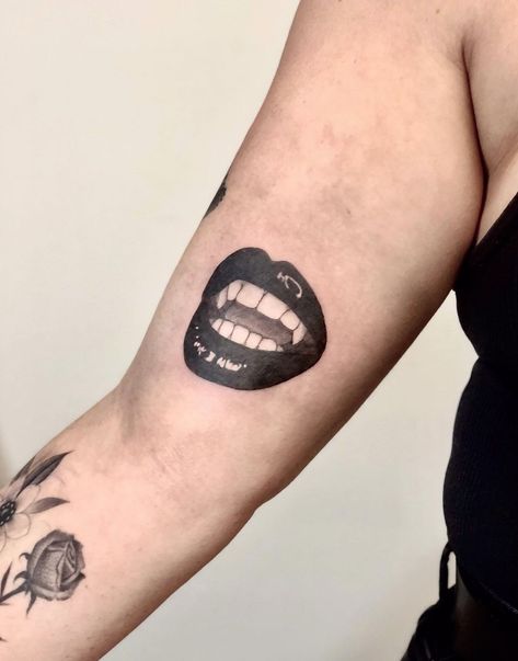 Tattoo by Kristine Vodon Vampire Mouth Tattoo, Fang Tattoo, Fangs Tattoo, Vampire Mouth, Mouth Tattoo, Vampire Tattoo, Characters From Movies, Elements Tattoo, Vampire Fangs