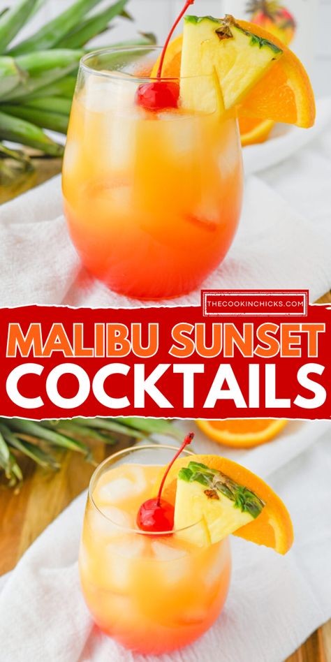 These Malibu Sunset Cocktails are easy to make, packed with fruity flavor, and a tropical drink everyone will enjoy! With layers of pineapple juice, orange juice, Malibu Coconut Rum, grenadine, and cherries all in one drink, this Malibu cocktail is layered to resemble a beautiful sunset! Malibu And Pineapple Juice, Malibu Sunrise Cocktail, Malibu Rum Drinks Recipes, Malibu Cocktail, Drinks With Pineapple Juice, Banana Cocktails, Malibu Rum Drinks, Malibu Pineapple, Malibu Cocktails